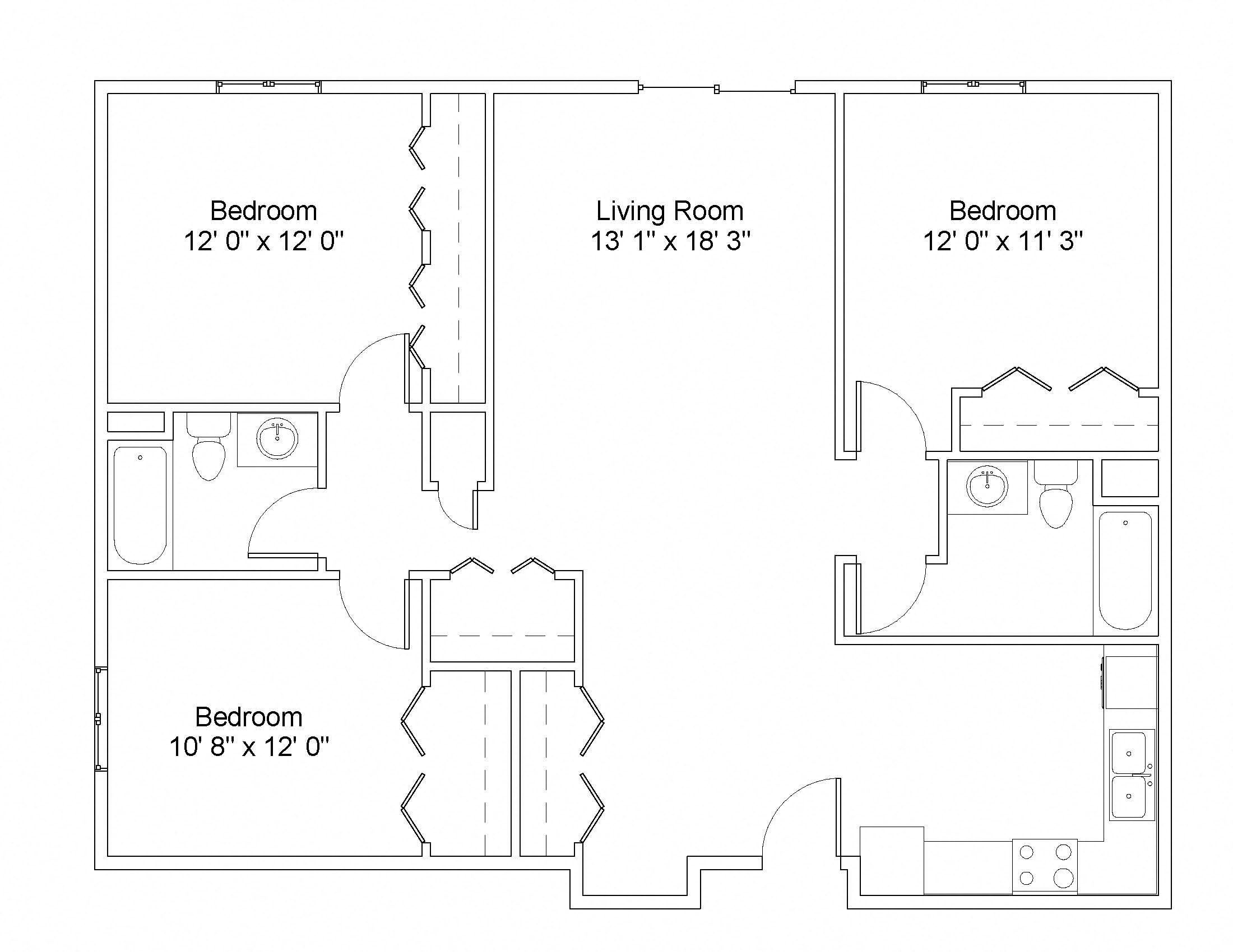 Floor plan for 3 beds, 2 baths, 1240 sqft